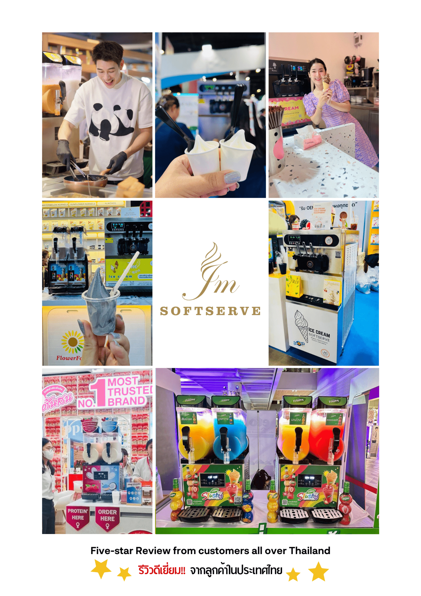 Collage of images showing softserve ice cream products and a brand logo with text JM softserve customer