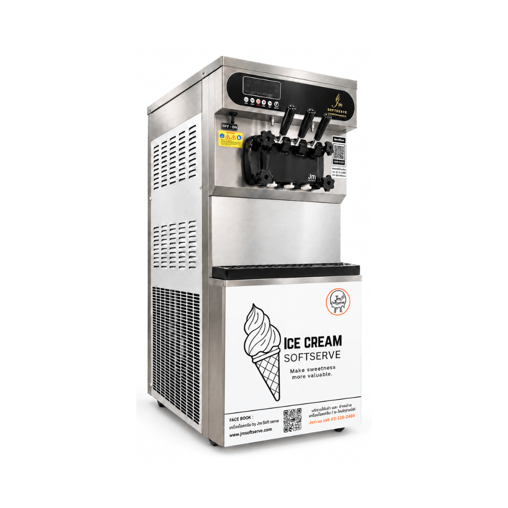 JM-P1 floor-standing soft serve ice cream machine with stainless steel front panel and black handles