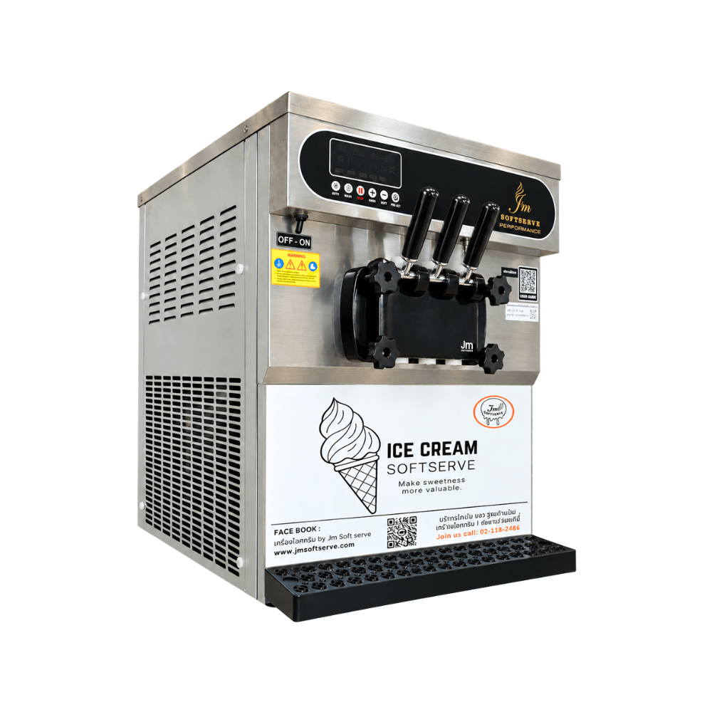 JM-P2 countertop soft serve ice cream machine with stainless steel front panel and black handles